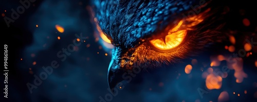 Majestic owl with orange eyes against a mystical dark background photo