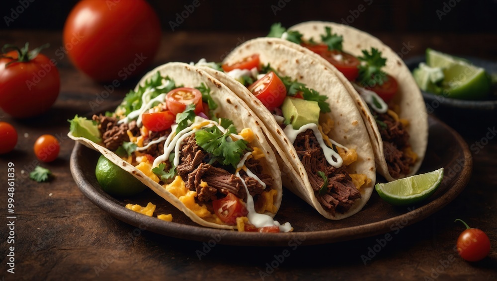 Tacos with avocado, tomatoes, and cheese on wooden table Tacos with avocado, tomatoes, and cheese on wooden table