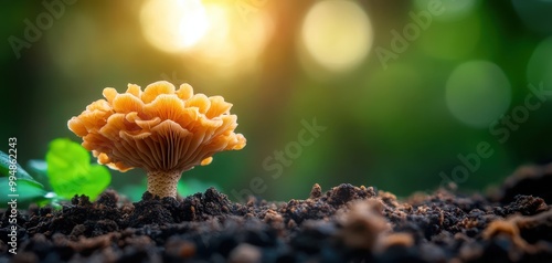 Mushroom growing on soil with soft sunlight in the background. photo