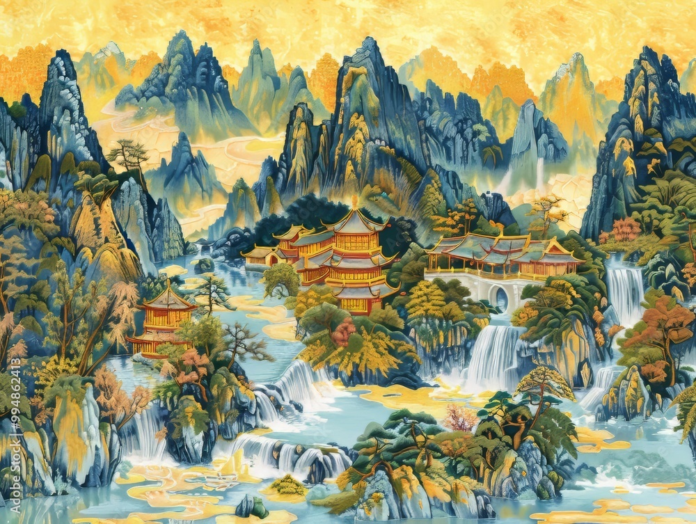 Chinese embroidery craft depicting an ancient Chinese mountain and ...