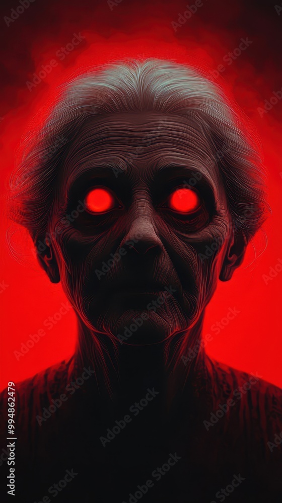 Mysterious elderly figure with glowing red eyes in dark, ominous atmosphere. Mysterious elderly figure with glowing red eyes in dark, ominous atmosphere.
