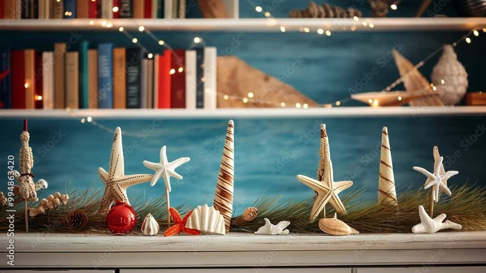 Christmas ornaments made of seashells standing on a white wooden surface with a blurred library in the background. The warm lights are creating a cozy atmosphere Christmas ornaments made of seashells standing on a white wooden surface with a blurred library in the background. The warm lights are creating a cozy atmosphere