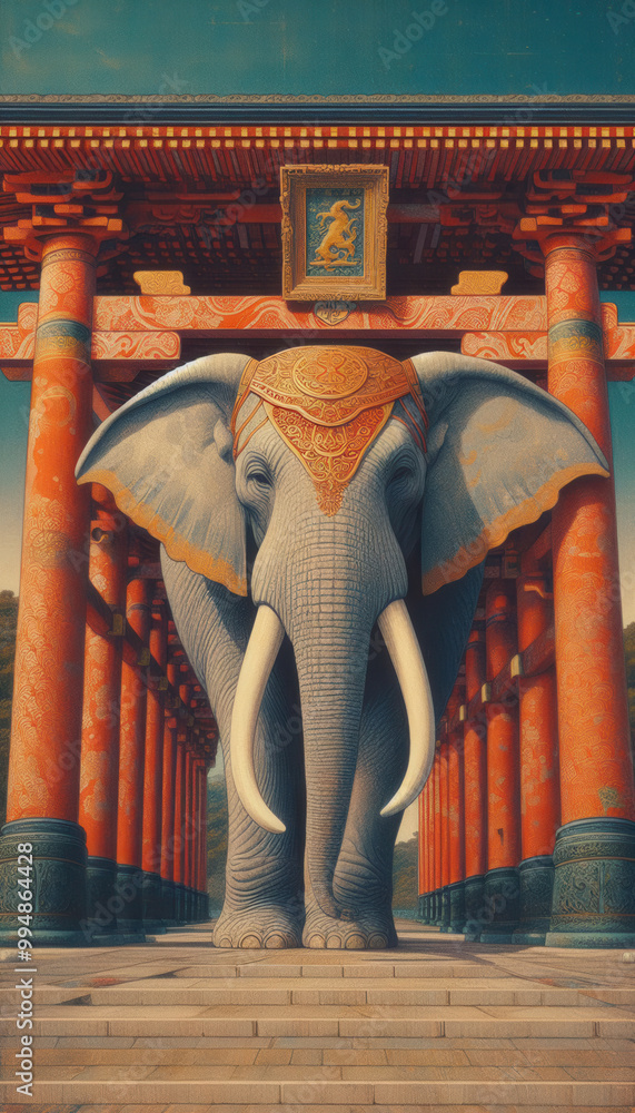 Fototapeta premium 日本画（Japanese painting）／象（Elephant） 浮世絵 イラスト