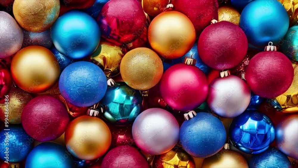 Colourful Christmas balls top view background. Blue, golden and red New Year baubles. Winter holiday season ornament Colourful Christmas balls top view background. Blue, golden and red New Year baubles. Winter holiday season ornament