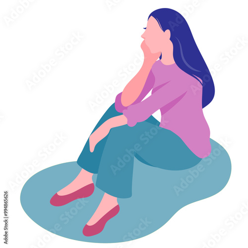 地面に座ってほおづえをつき物思いにふける女性のベクターイラストレーション