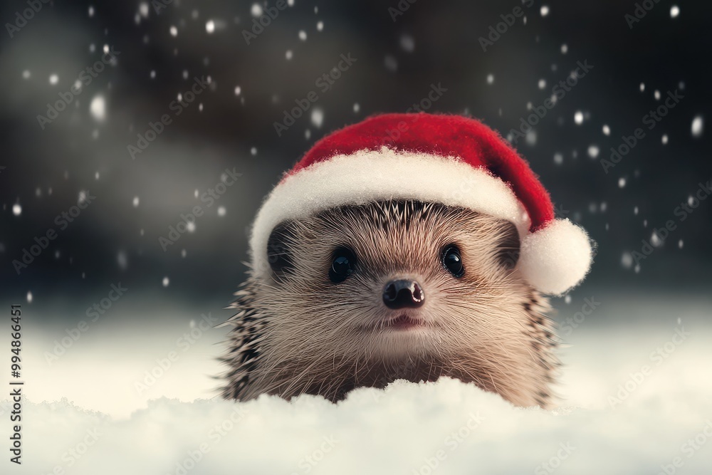 Tiny Hedgehog in a Winter Hat with Snow Background Tiny Hedgehog in a Winter Hat with Snow Background