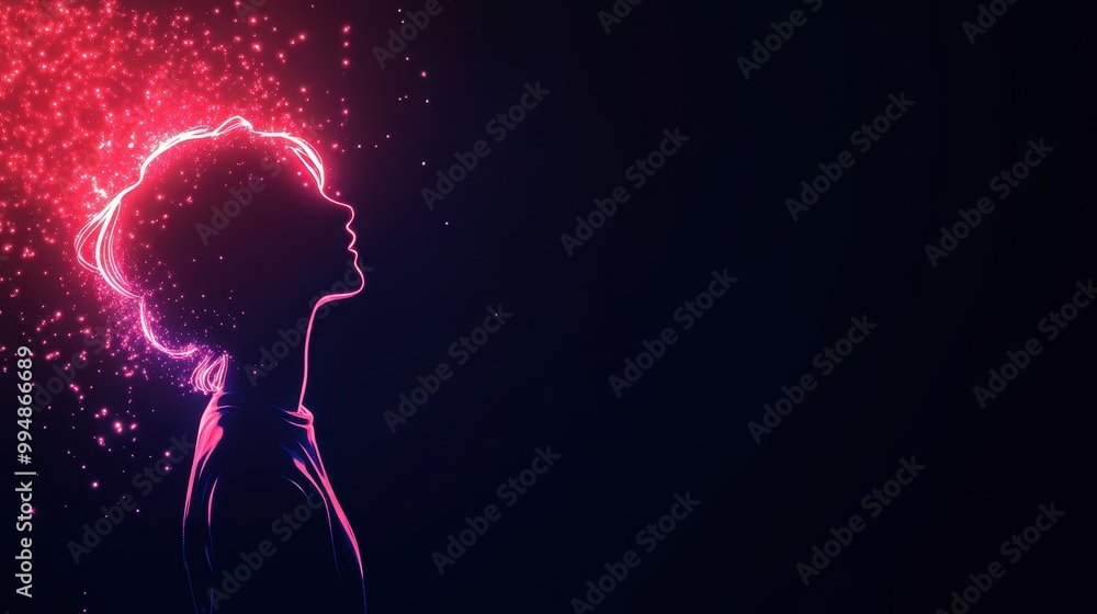 Silhouette of a person with colorful light and sparkles representing thoughts. Silhouette of a person with colorful light and sparkles representing thoughts.