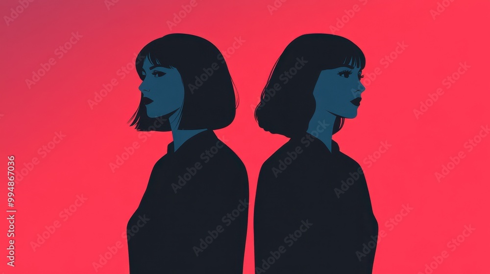 Silhouette of two women facing opposite directions on a vibrant red background. Silhouette of two women facing opposite directions on a vibrant red background.