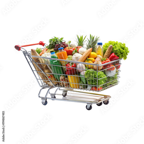 Healthy grocery shopping made visible with a variety of food items in a cart. The bounty of the supermarket aisle captured in one convenient shopping trolley.