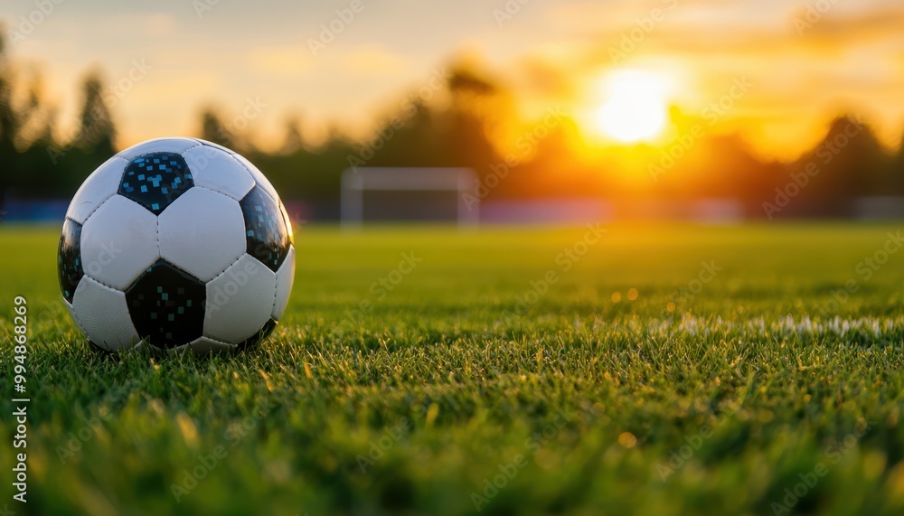 Fototapeta premium Soccer ball on green field during sunset, vibrant colors, energetic atmosphere.