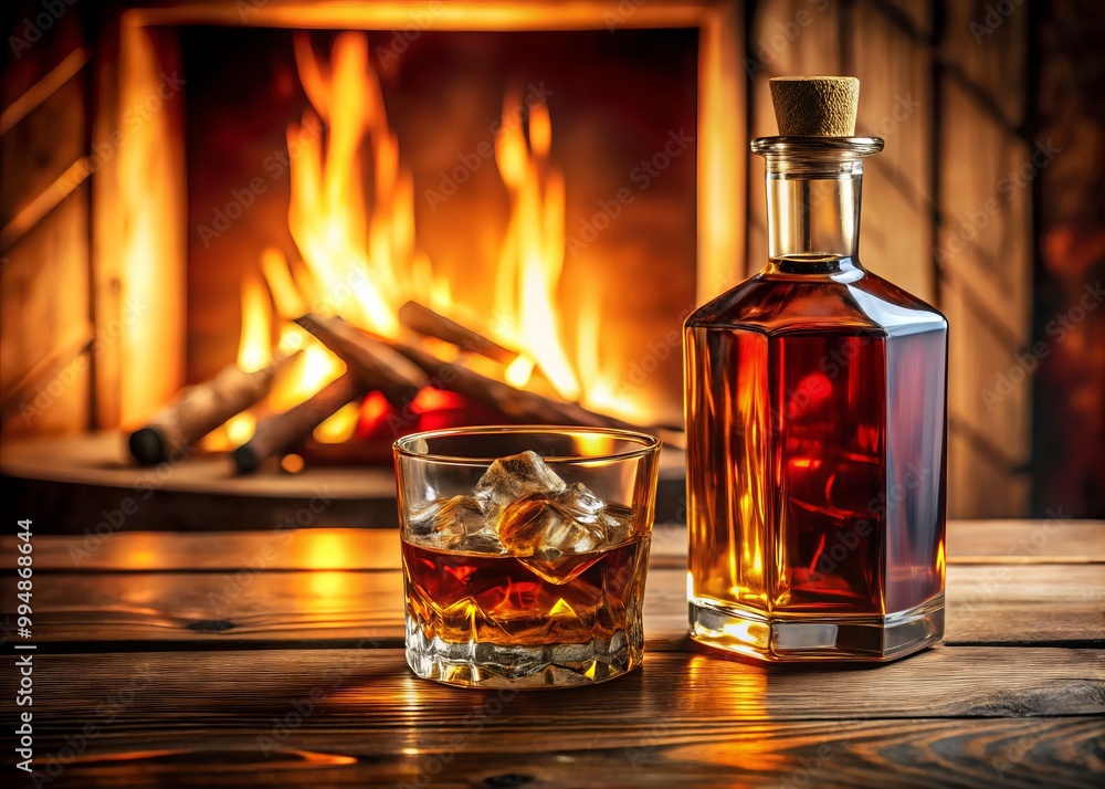 Bottle of fine American whiskey stands tall on a rustic wooden counter, its vibrant red wax seal popping against the muted tones of the surroundings Bottle of fine American whiskey stands tall on a rustic wooden counter, its vibrant red wax seal popping against the muted tones of the surroundings