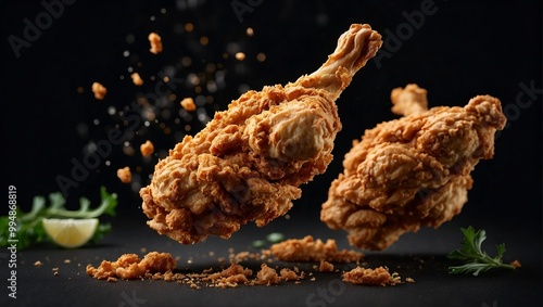 Crispy fried chicken in mid-air with black background, perfect for promotional ads