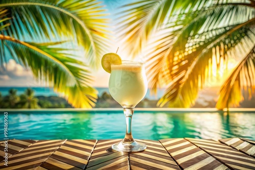 Icy cold frozen daiquiri rests in a frosted glass on a retro-inspired poolside table, set against a backdrop of turquoise waters and swaying palm trees