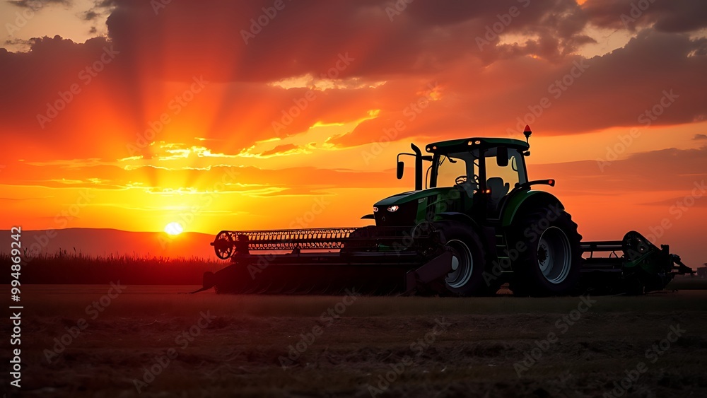 Obraz premium Agricultural machinery working in the fields at sunset, capturing the essence of modern farming. The warm glow of the setting sun highlights the equipment and the expansive farmland.