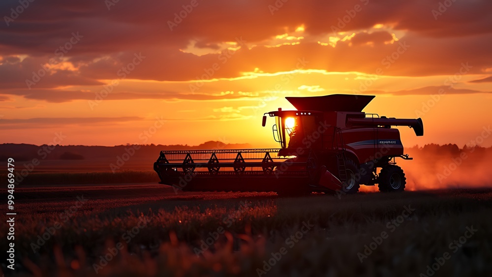 Fototapeta premium Agricultural machinery working in the fields at sunset, capturing the essence of modern farming. The warm glow of the setting sun highlights the equipment and the expansive farmland.