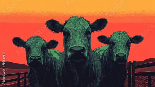 Three cows standing proudly against a vibrant sunset background.