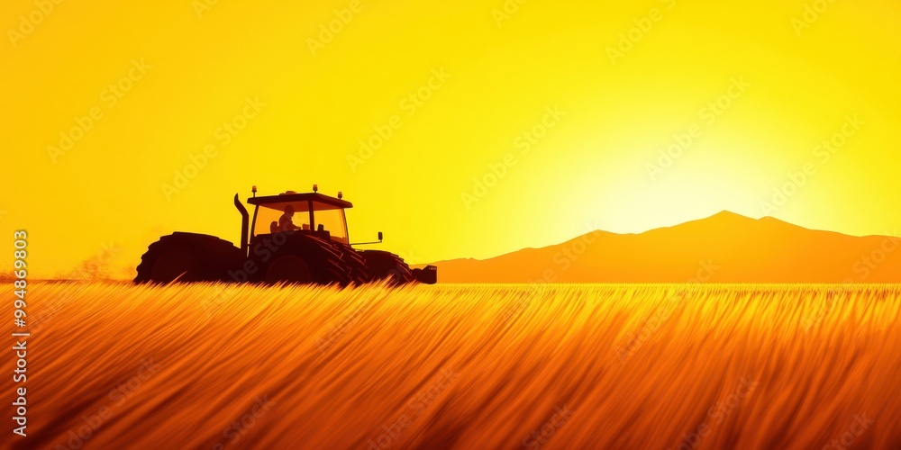 Fototapeta premium Tractor working in a golden field during sunset, silhouette against an orange sky.