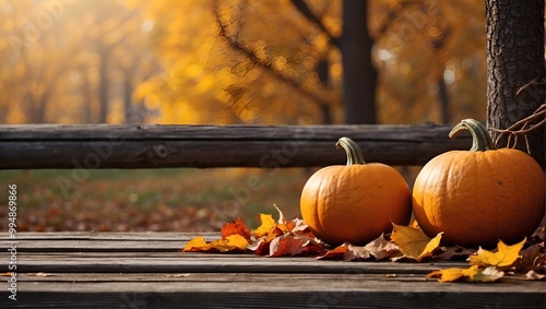 Halloween pumpkins and fall leaves on rustic wooden planks, autumn forest banner