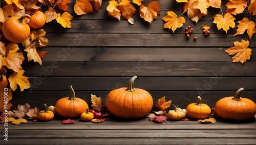 Wooden planks with pumpkins and autumn leaves for Halloween web banner