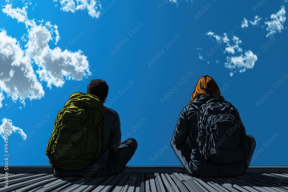 Obraz premium Two people with backpacks sitting on a roof, looking at a clear blue sky.