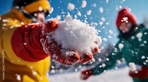 Two people play in the snow, with a snowball in hand, joyful winter fun.