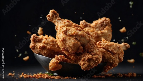 Delicious fried chicken served on a plate with a black background for advertisement