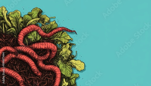 Vibrant illustration of red worms amidst lush green leaves on a blue background.