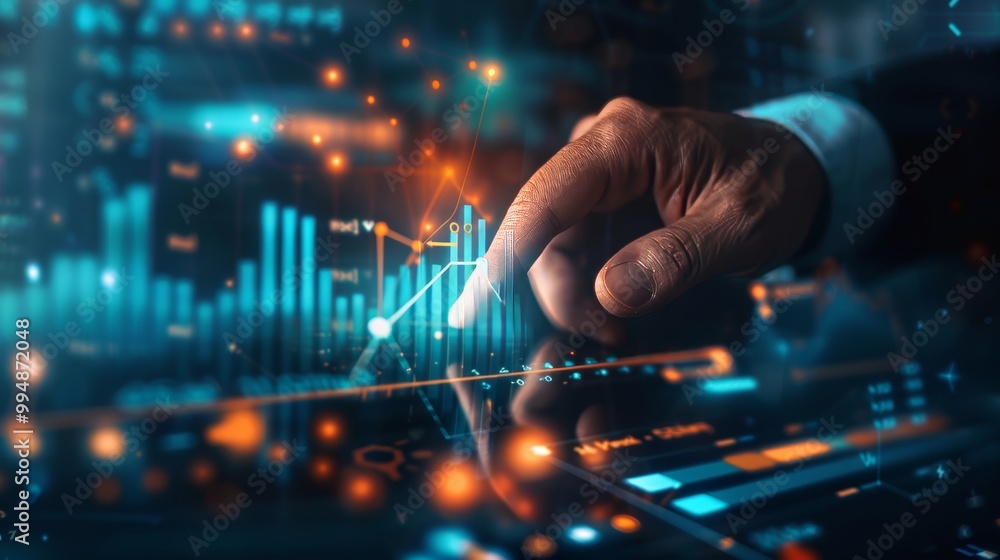 Executive hand touching virtual growth graph, representing success and advancement, MORE Inspirational, business concept with finger pointing at rising arrow in a tech interface, dark blurred backgrou Executive hand touching virtual growth graph, representing success and advancement, MORE Inspirational, business concept with finger pointing at rising arrow in a tech interface, dark blurred backgrou
