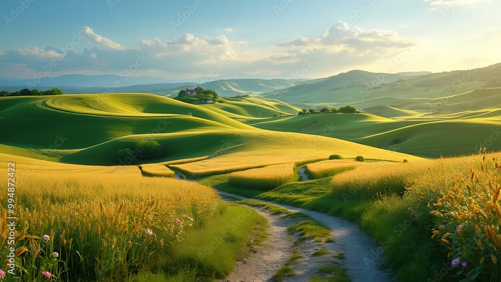 Obraz premium A breathtaking landscape of rolling agricultural hills, showcasing lush green fields and winding paths. The peaceful countryside creates a serene and picturesque scene.