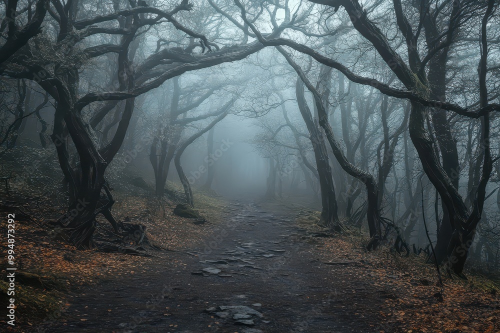 Misty forest pathway surrounded by eerie, twisted trees, creating a mysterious and enchanting atmosphere perfect for a fantasy adventure. Misty forest pathway surrounded by eerie, twisted trees, creating a mysterious and enchanting atmosphere perfect for a fantasy adventure.
