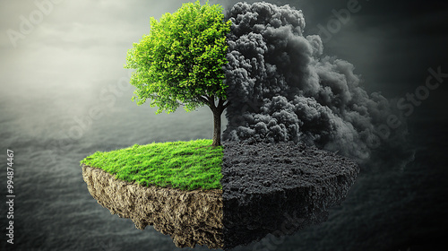 A tree on the left side of an island with green grass, half obscured by black smoke and dark gray clouds. On the right is empty, barren soil, representing the concept of environmental pollution