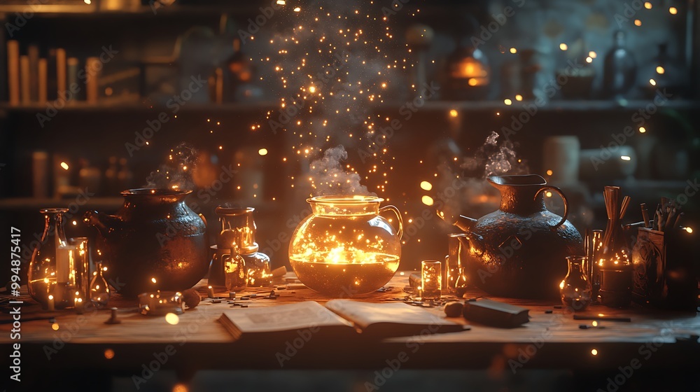 Witch’s Potion Laboratory A cluttered wooden table filled with bubbling cauldrons, glowing potions, and magical spell books in a dimly lit room. Witch’s Potion Laboratory A cluttered wooden table filled with bubbling cauldrons, glowing potions, and magical spell books in a dimly lit room.