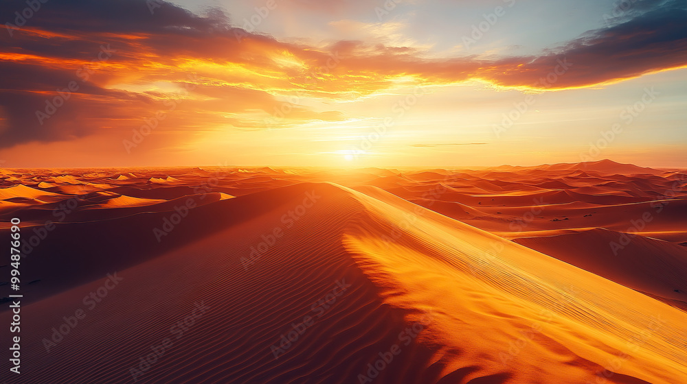 Beautiful sand dunes in the desert at sunset, with golden sunlight casting long shadows over vast waves of orange and yellow sand Beautiful sand dunes in the desert at sunset, with golden sunlight casting long shadows over vast waves of orange and yellow sand