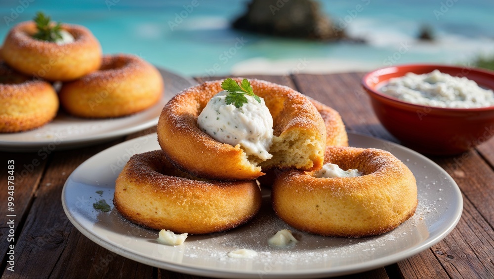 Anguillan johnny cakes fried dough with saltfish closeup Anguillan johnny cakes fried dough with saltfish closeup