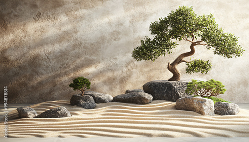 A minimalist scene of a Japanese rock garden with perfectly raked sand, smooth stones, and a bonsai tree