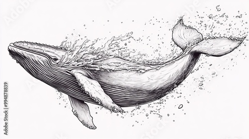 Detailed black and white illustration of a humpback whale breaching the surface of the water, creating a spray of water. photo