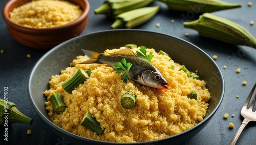 Barbadian cou cou cornmeal with okra and flying fish closeup photo