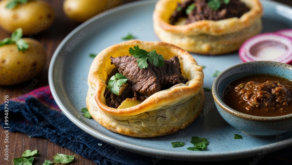 Bolivian saltenas savory pastries with beef and potatoes closeup Bolivian saltenas savory pastries with beef and potatoes closeup