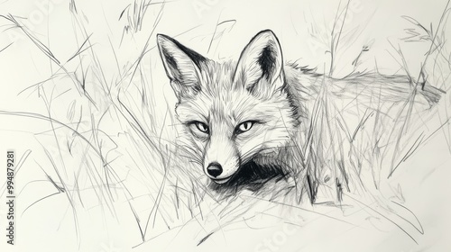 Hand-drawn sketch of a fox peering from tall grass.