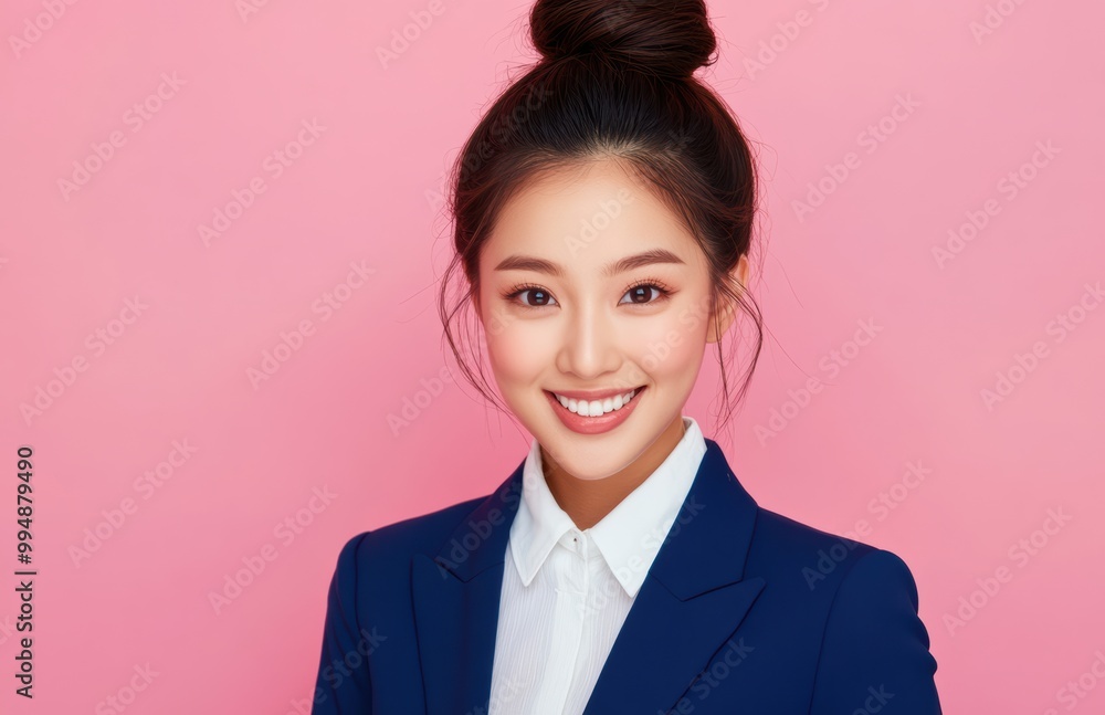 young Japanese woman in business attire stands with confidence against a pastel pink background, her posture and expression emphasizing a balance of professionalism. young Japanese woman in business attire stands with confidence against a pastel pink background, her posture and expression emphasizing a balance of professionalism.