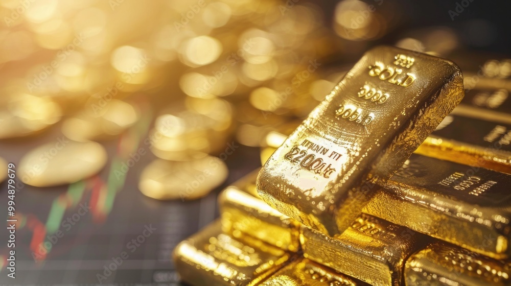 Stack of gold bars with stock market chart in the background. Stack of gold bars with stock market chart in the background.