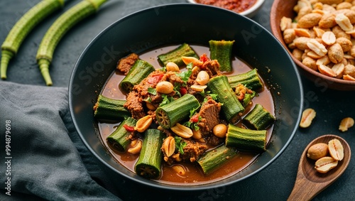 Chadian daraba okra and peanut stew with meat closeup photo