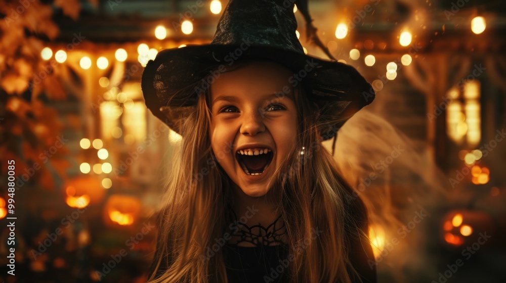 Little girl in witch costume standing in front of a decorated house. Little girl in witch costume standing in front of a decorated house.