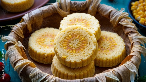 Ecuadorian humitas steamed corn cakes in husks closeup photo