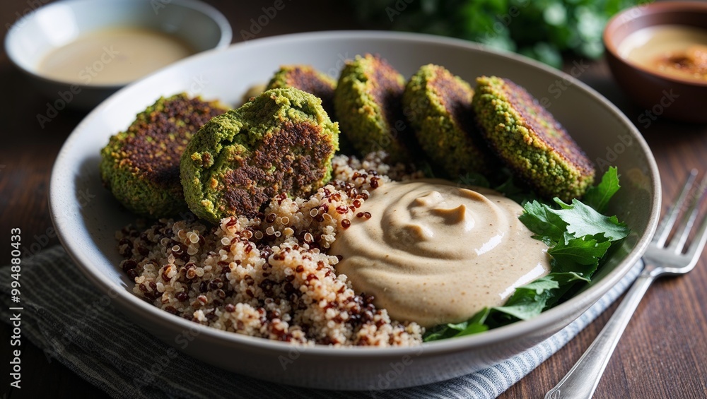 Falafel bowl with quinoa and tahini sauce closeup Falafel bowl with quinoa and tahini sauce closeup