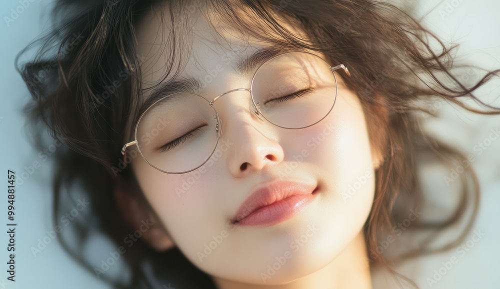 A young Asian girl, eyes softly shut, exudes a sense of peaceful joy in a moment of calm reflection, embodying tranquility and relaxation. A young Asian girl, eyes softly shut, exudes a sense of peaceful joy in a moment of calm reflection, embodying tranquility and relaxation.