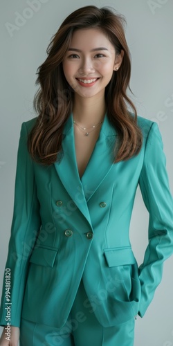 a light plastel green suit, an Asian businesswoman stands confidently in a soft and solid pastel plain background, her calm demeanor perfect for professional environments. photo