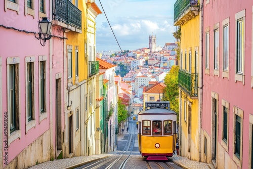 Explore the vibrant charm of Lisbon, Portugal, through this stunning photograph. The image captures the iconic cityscape of Lisbon, with its colorful buildings, historic trams, generative ai
