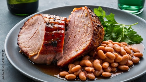 Luxembourgish judd mat gaardebounen smoked pork with beans closeup photo