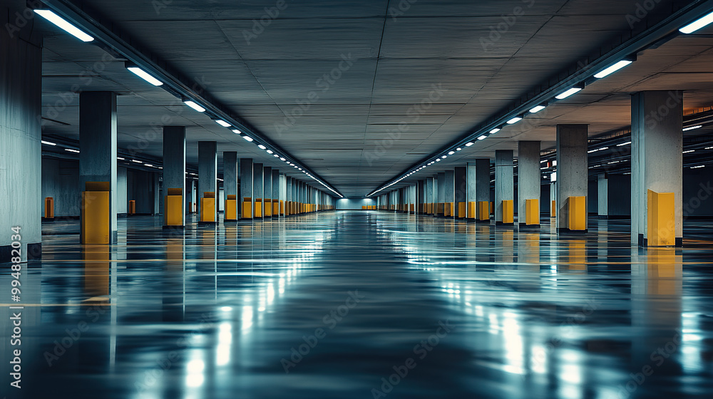 A wide-angle photograph of an empty underground parking lot, with columns and lines of lights on the ceiling A wide-angle photograph of an empty underground parking lot, with columns and lines of lights on the ceiling
